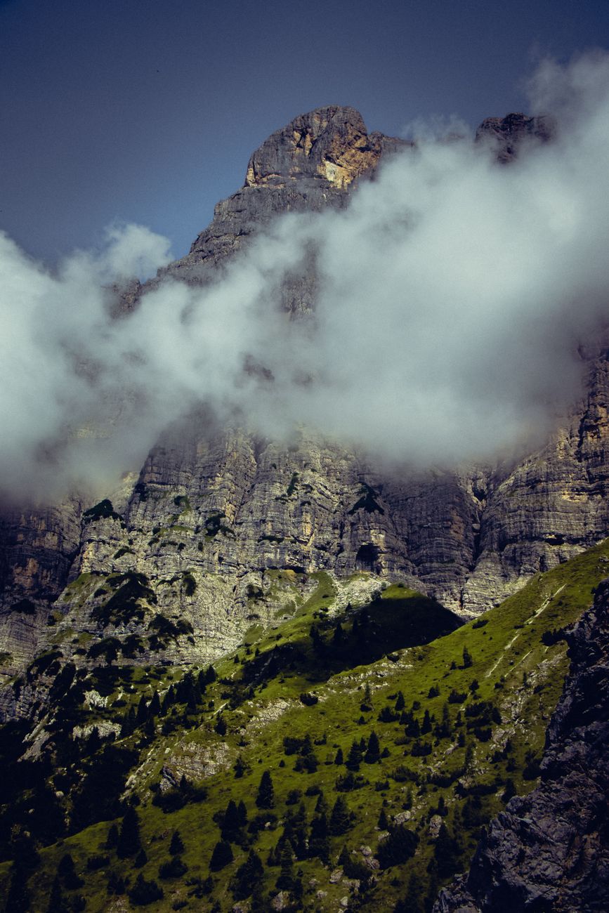 Towering limestone peaks and jagged ridges in the Italian Dolomites